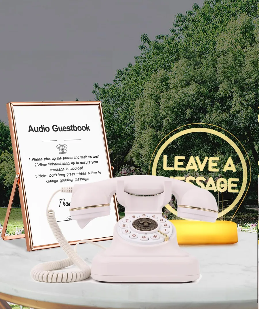 Vintage white audio guestbook phone with Leave a Message sign for weddings in Islamabad and Rawalpindi